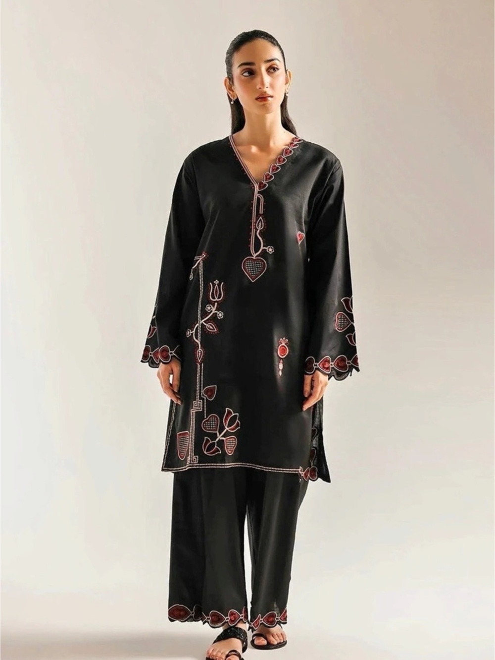 Black Embroidered Tunic Pants Set Like New